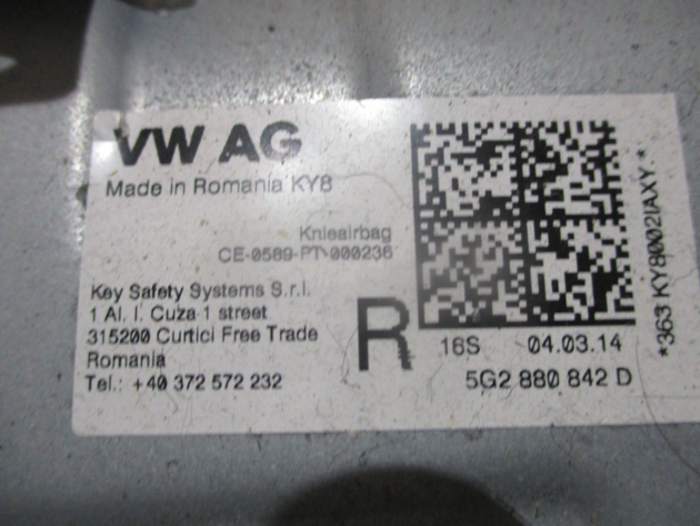 2015 GENUINE VW GOLF MK7 FRONT RIGHT DRIVER SIDE KNEE AIRBG 5G2880842D - Image 2