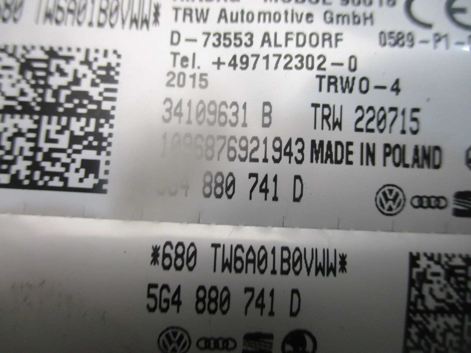 2015 GENUINE VW GOLF MK7 FRONT RIGHT DRIVER SIDE CURTAIN ROOF BAG 5G4880742D - Image 3